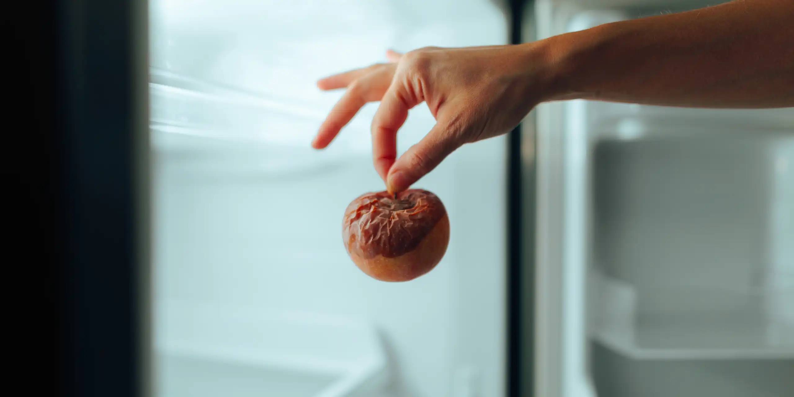 Une pomme pourrie dans un réfrigérateur.