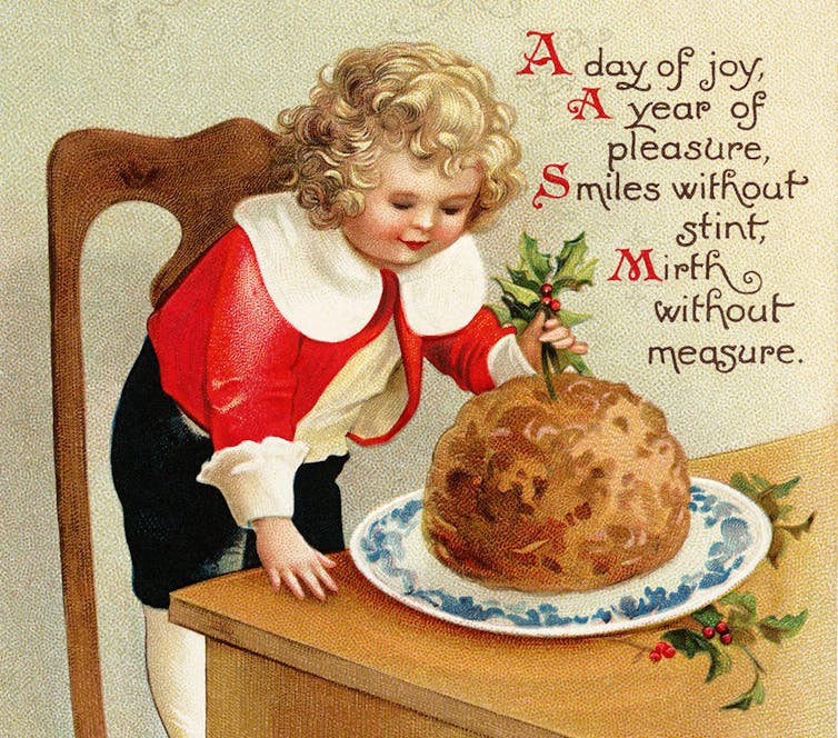 Victoria painting of a boy with a Christmas pudding