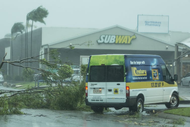 van and fallen tree in heavy rain outside building