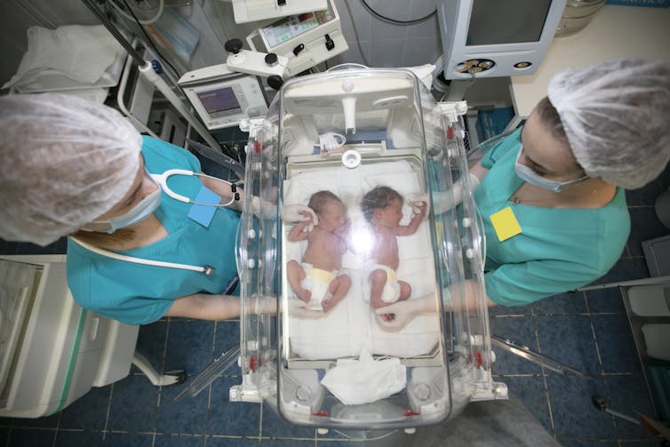 two newborns in an incubator with two medical workers on the sides