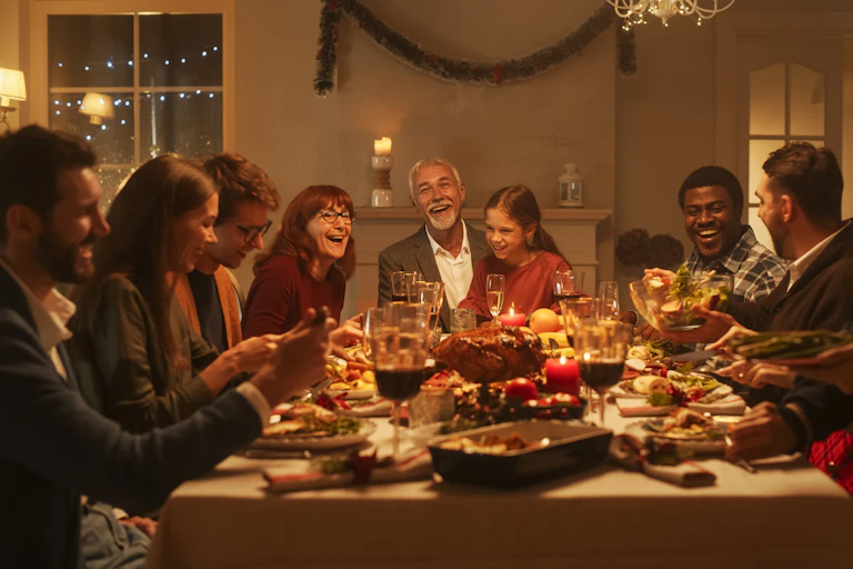 Un groupe de huit personnes sont assises et sourient devant une table remplie de nourriture et de verres de vin