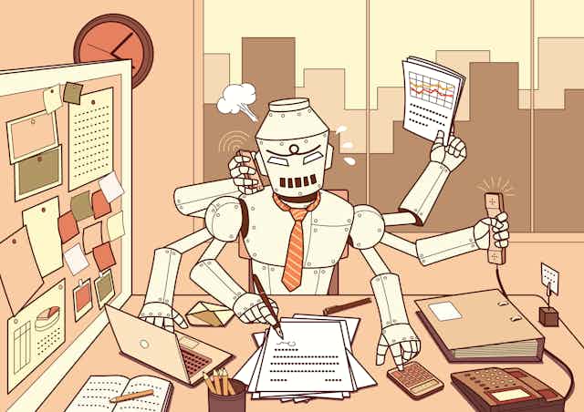 cartoon image of a six-arm robot in an office with each arm doing a different task