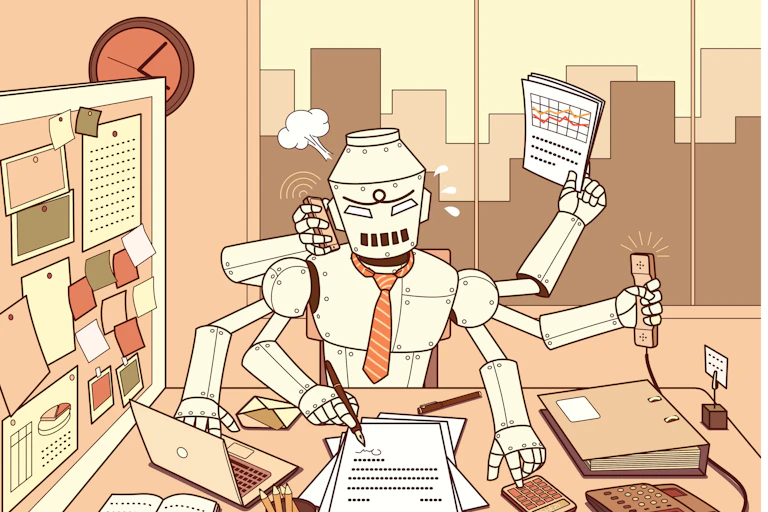 cartoon image of a six-arm robot in an office with each arm doing a different task