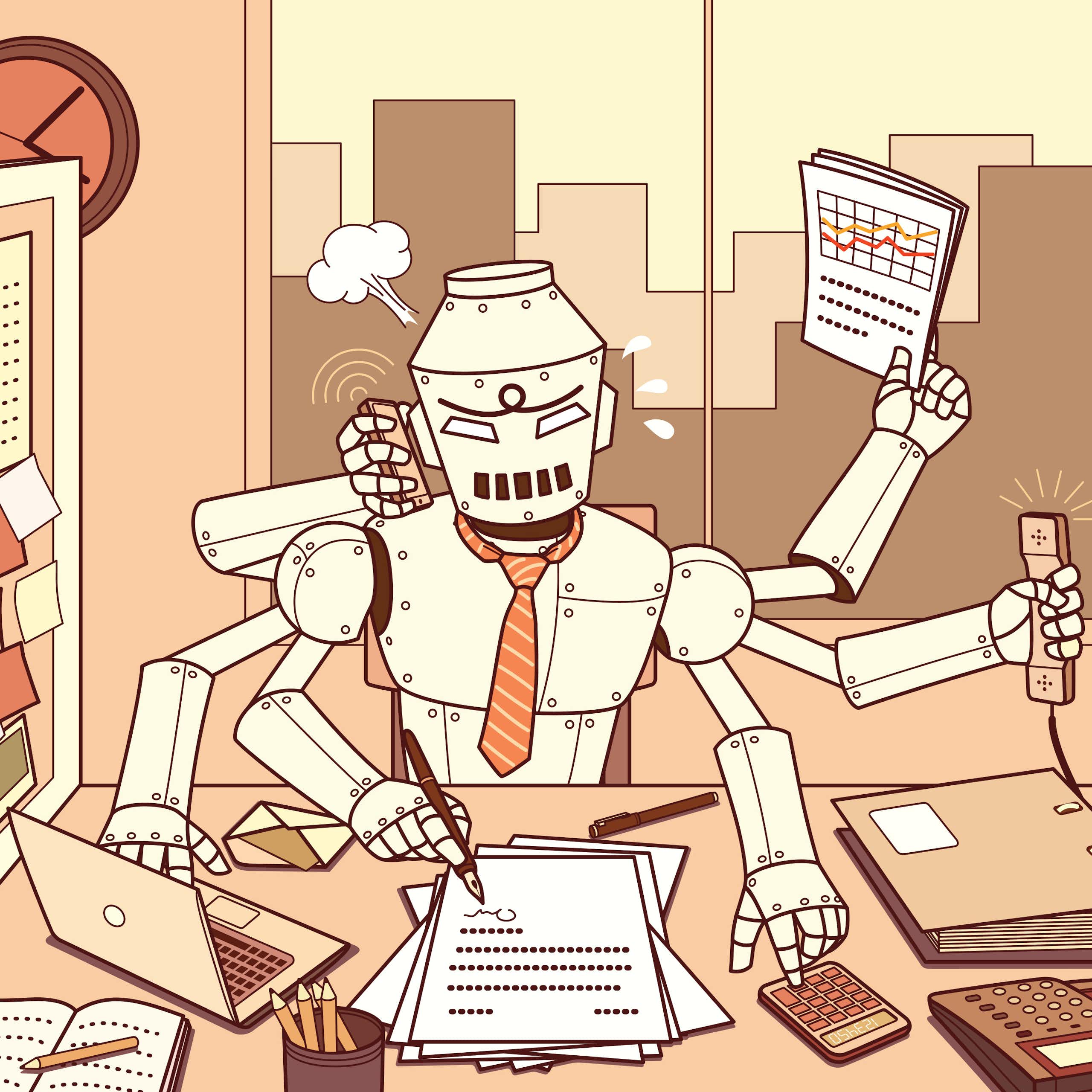cartoon image of a six-arm robot in an office with each arm doing a different task