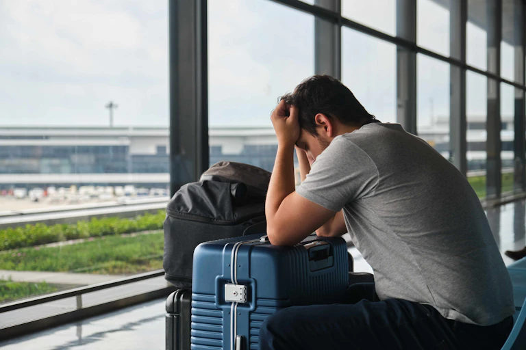 A man in an airport holds his head on top of his suitcase