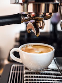 A coffee cup beneath an espresso machine