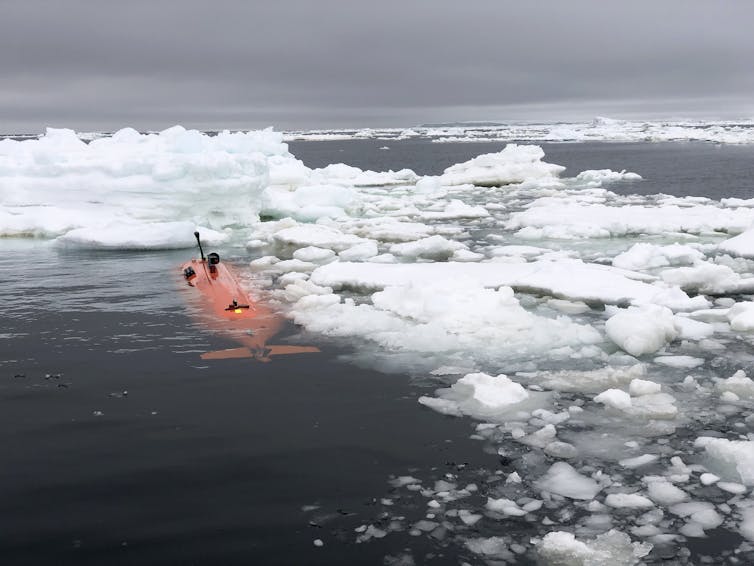 Orange robotic submarine moving through ice floes.