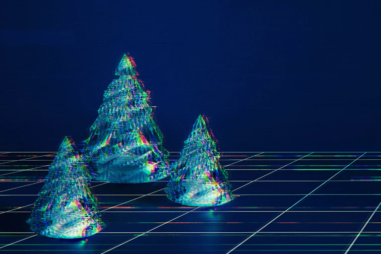 Illustration of digital looking Christmas tree standing on a perspectival grid receding into the distance.