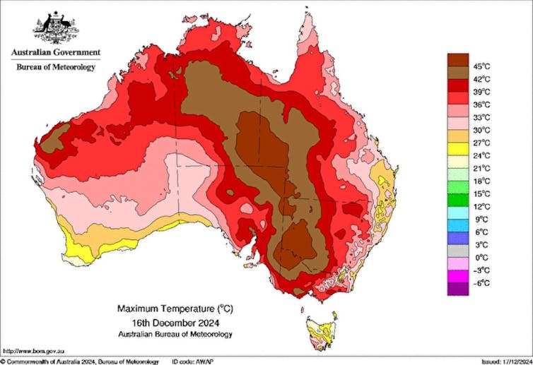 Map showing maximum temperatures across Australia