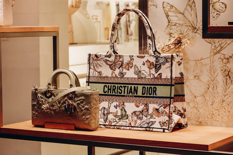 Luxury bags in a boutique window