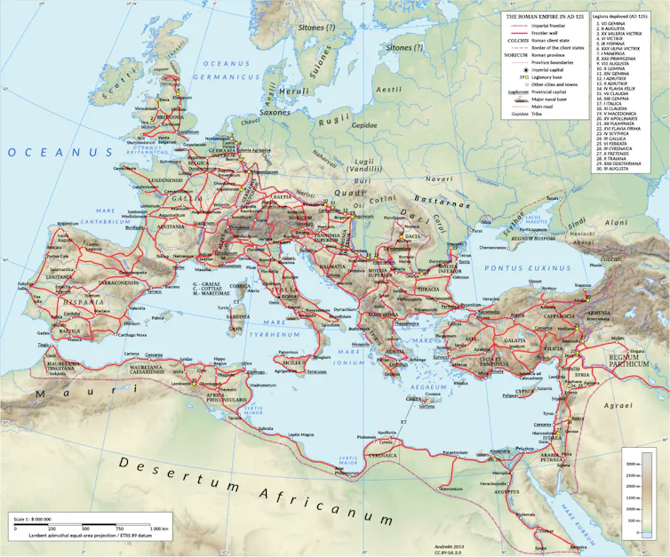 Un mapa de Europa, Oriente Próximo y norte de África en el que se ve la red de carreteras romanas.
