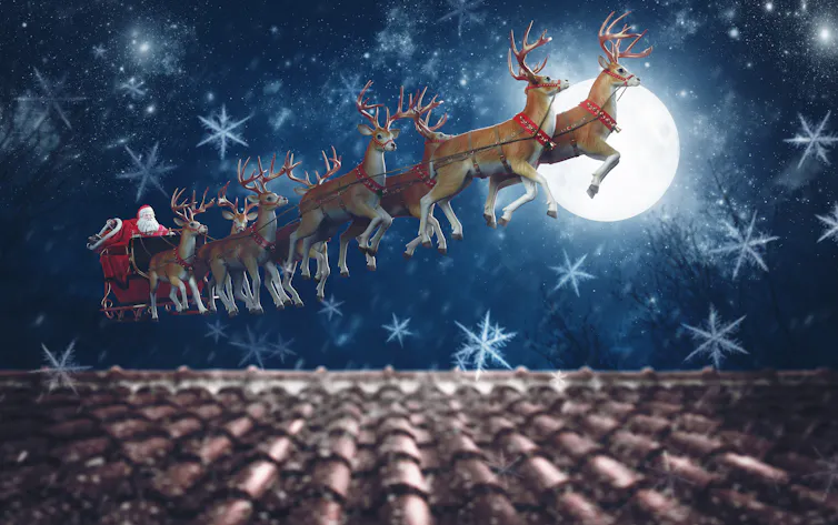 Illustration of Santa's sleigh being led by a team of reindeer, across a full moon with a roof below