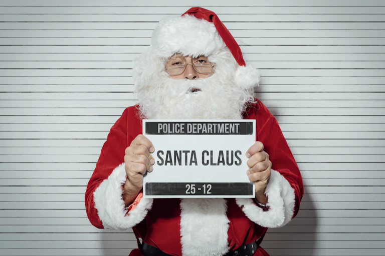Santa Claus having a mugshot taken after being arrested