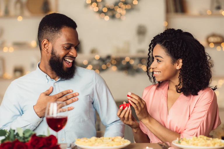 Woman proposing to man with ring