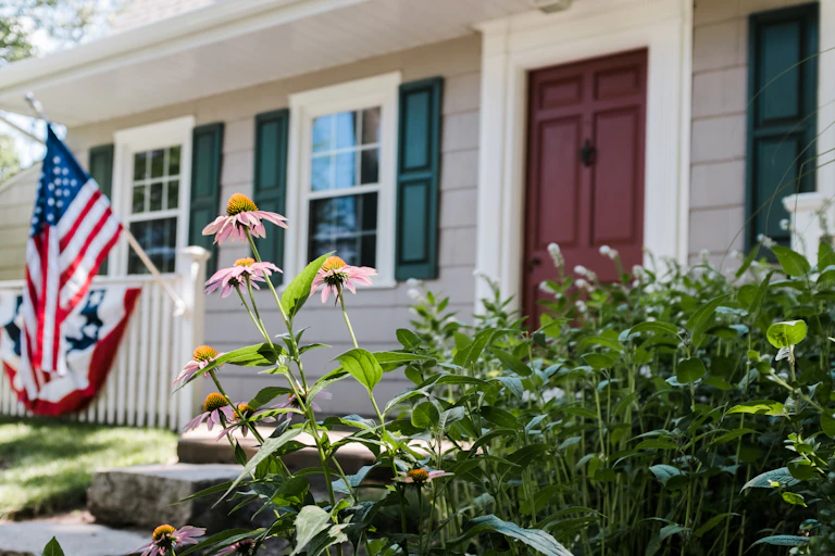 Close up of cone flowers in front of a colonial style residential home