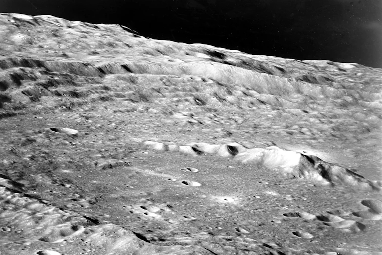 A photo showing the rocky lunar surface.