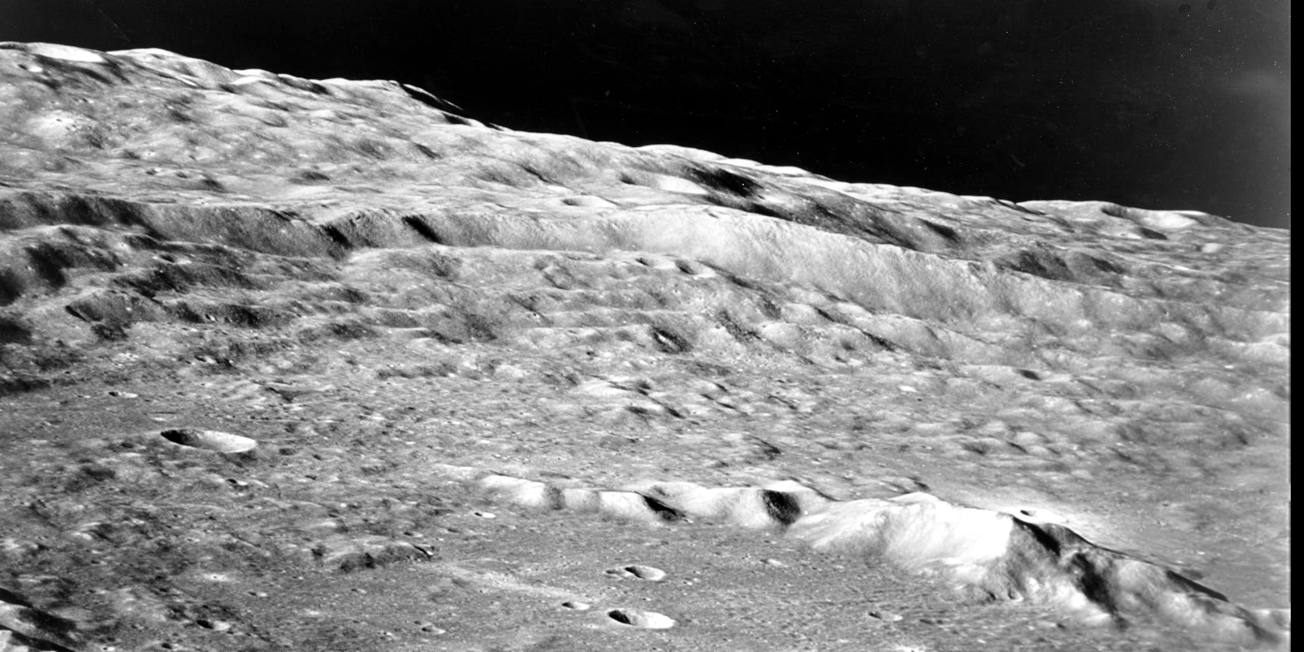 A photo showing the rocky lunar surface.