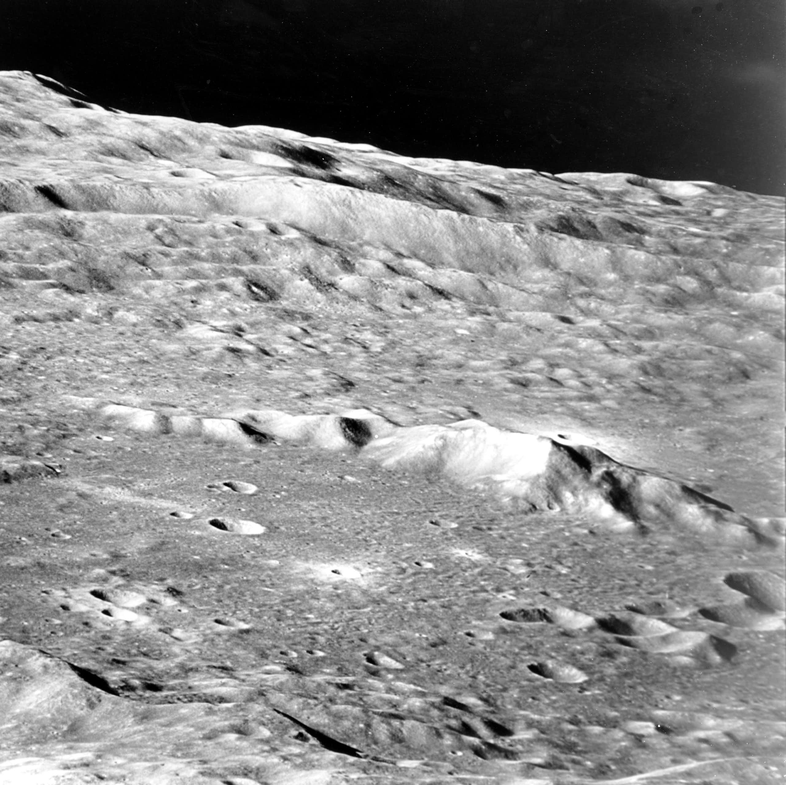 A photo showing the rocky lunar surface.