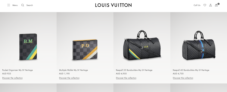 Screenshot of Louis Vuitton website showing customisable product options