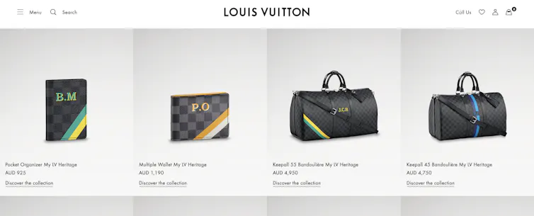 Screenshot of Louis Vuitton website showing customisable product options