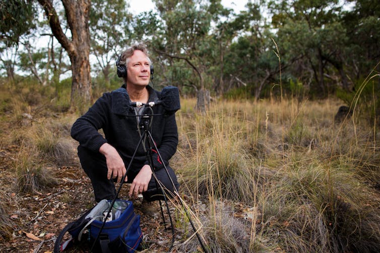 A man sitting on the ground behind a microphone in a bush setting, wearing headphones while recording the sounds of nature