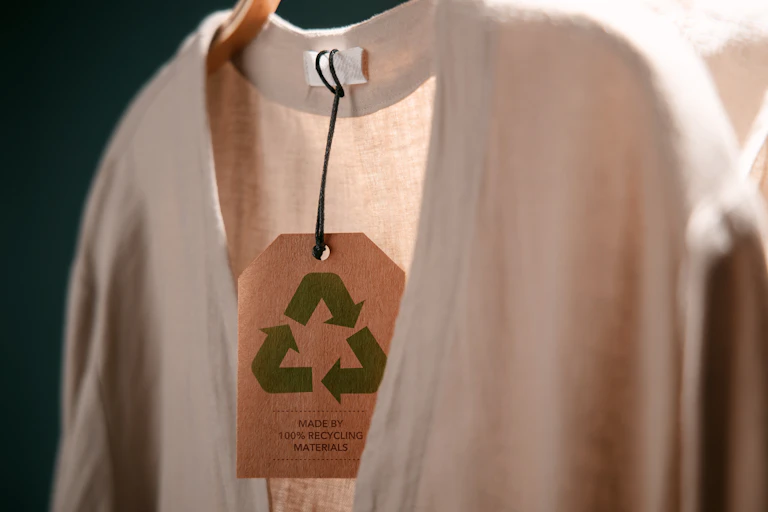 un cardigan de couleur claire avec une étiquette "recyclable"