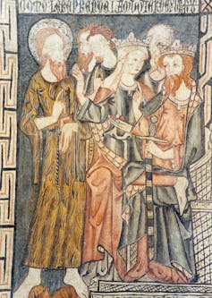 Mural de San Juan Bautista: representación del santo reprendiendo a Herodes por su relación con su cuñada Herodías.