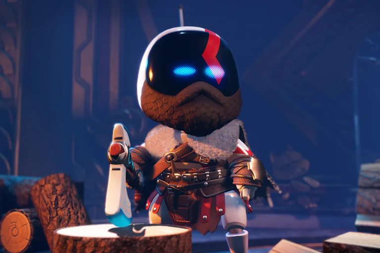 Astrobot dressed as Kratos from 2018's God of War and 2022's God of War Ragnarok.