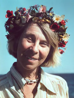Tove Jansson wearing a flower crown.