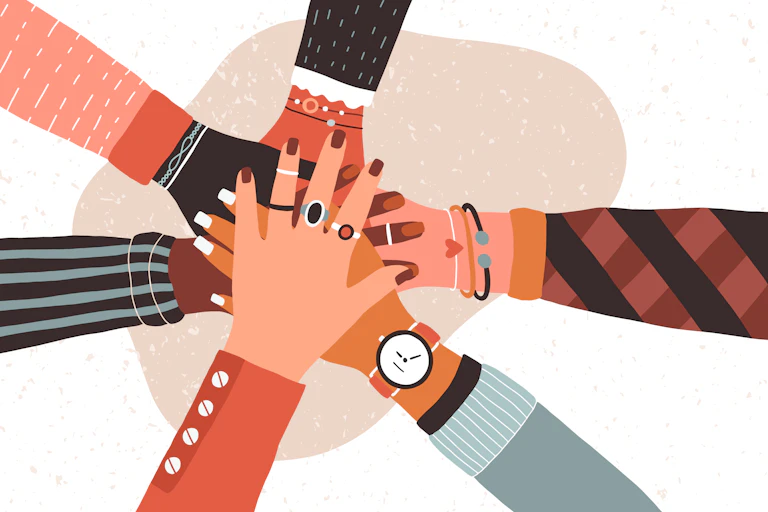A drawing of hands placed on top of each other in solidarity.