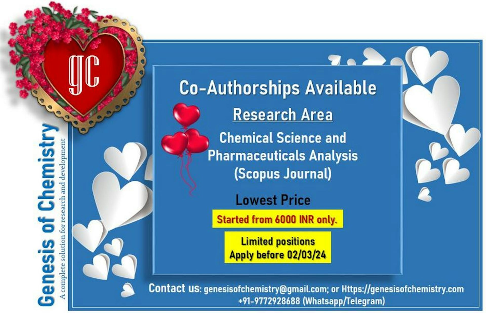 Anúncio predominantemente azul com escrita branca, corações vermelhos e brancos e preço proposto destacado em amarelo