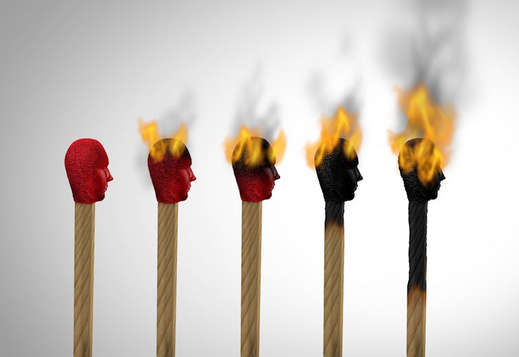 A series of matches show the shape of a person's head, gradually setting on fire.