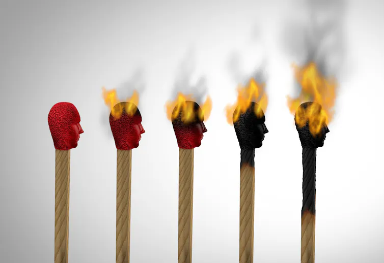 A series of matches show the shape of a person's head, gradually setting on fire.