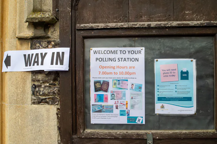 A sign outside a polling station explaining the rules around voter ID.