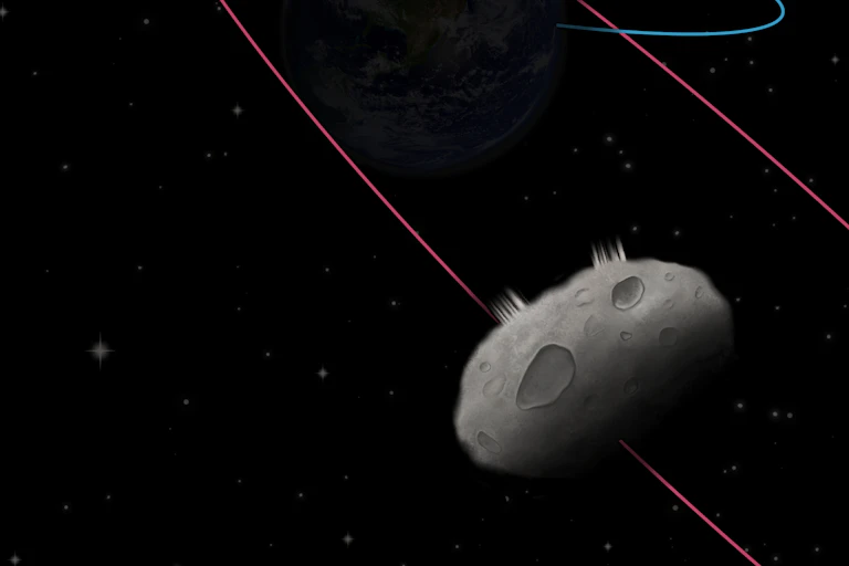 An illustration showing a dark comet, which looks like a gray boulder in space.