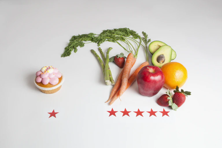 Cupcake rated one red star placed next to an assortment of fruits and vegetables rated five red stars