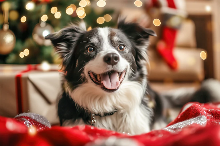 Black and white dog, looking happy, in a Christmas setting