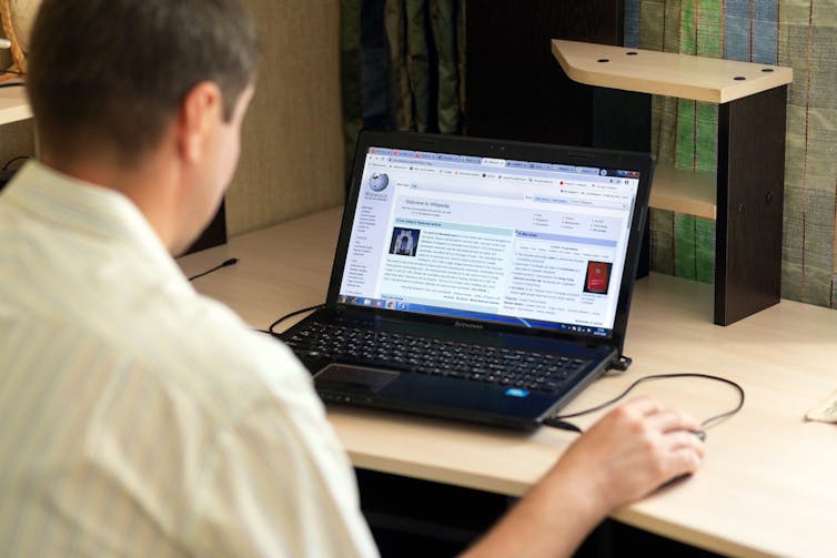 Person sitting at a laptop, reading Wikipedia.