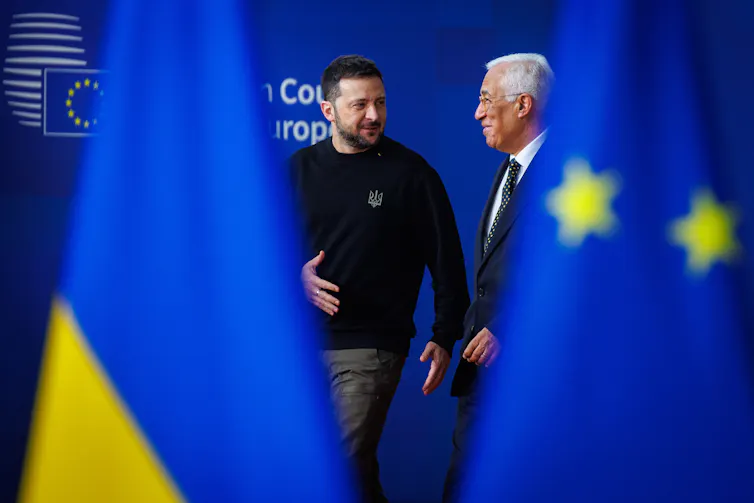 Ukrainian president, Volodymyr Zelensky, and European Council president, Antonio Costa, meet in Brussels, December 19 2024.