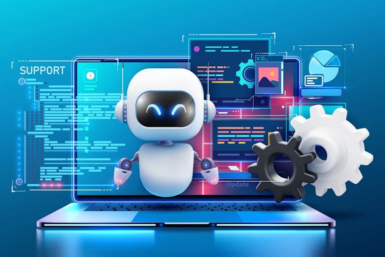 An illustration of a little robot performing tasks on a computer.