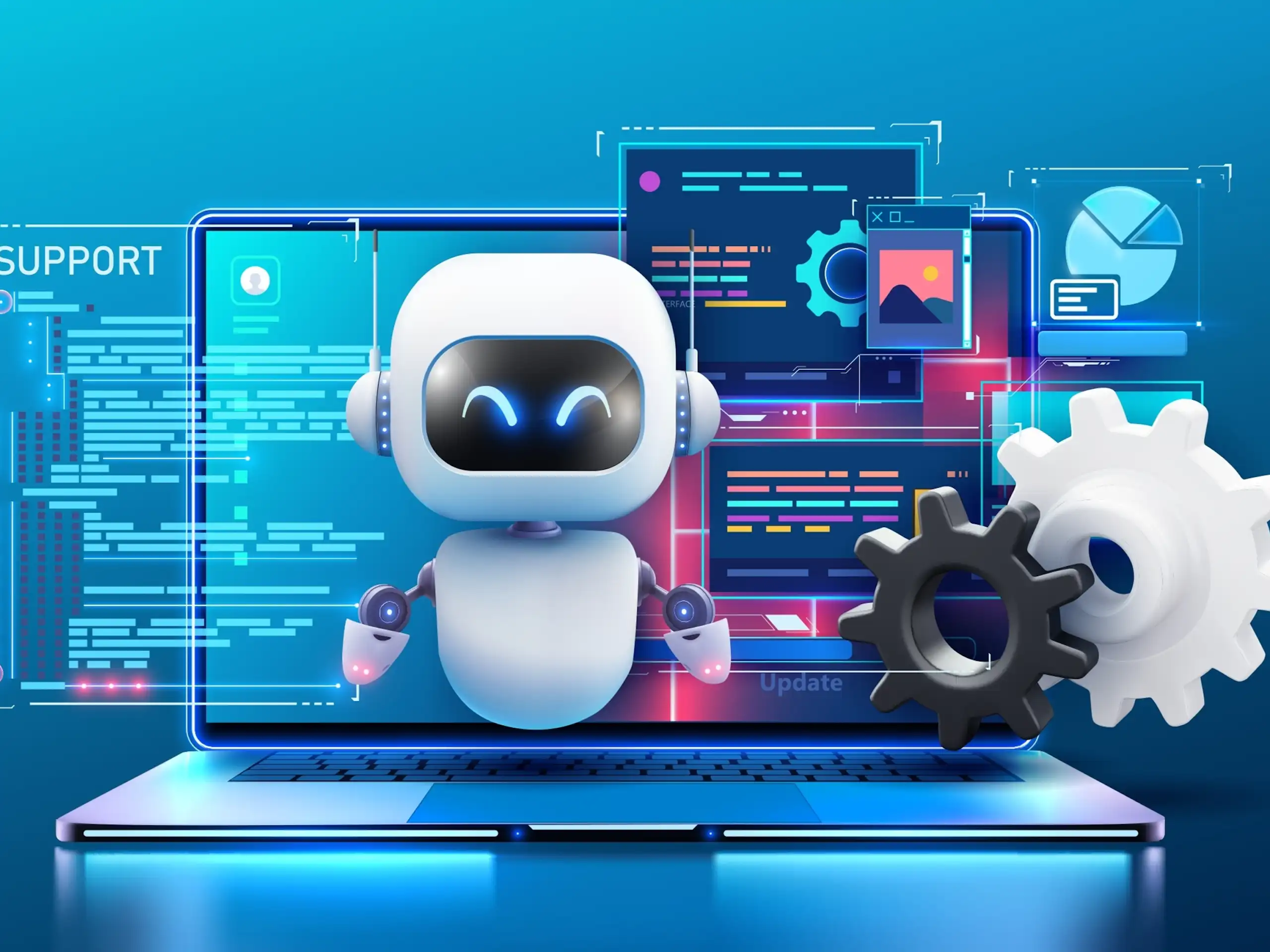 An illustration of a little robot performing tasks on a computer.