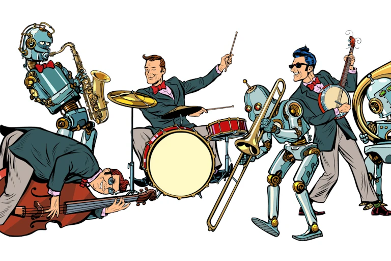 orchestre de jazz avec des humains et des robots