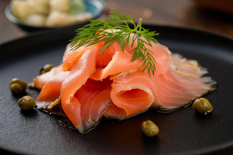 une tranche de saumon fumé déposée dans une assiette noire