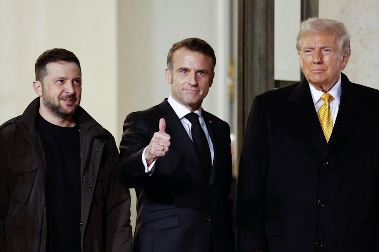 Ukraine's President Volodymyr Zelensky, French President Emmanuel Macron, and US president-elect Donald J. Trump outside the the Elysee palace in Paris, December 2024.
