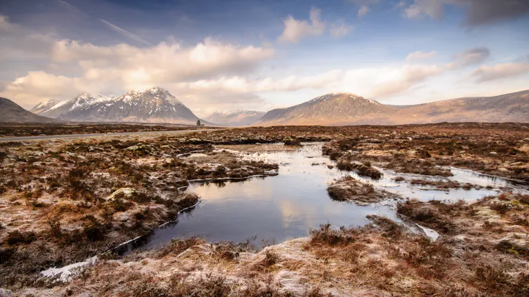 Peat bog with hills in background