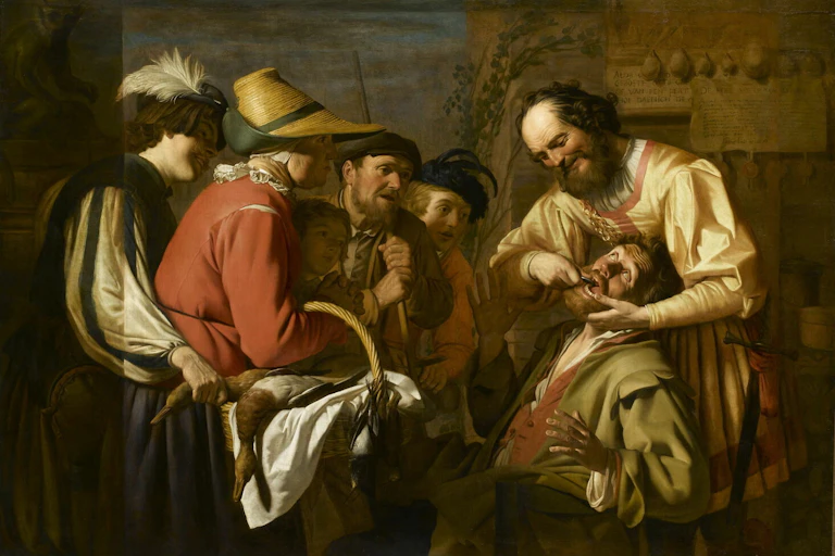 Pintura de un hombre sacándole un diente a otro, ante la mirada de varios ciudadanos.