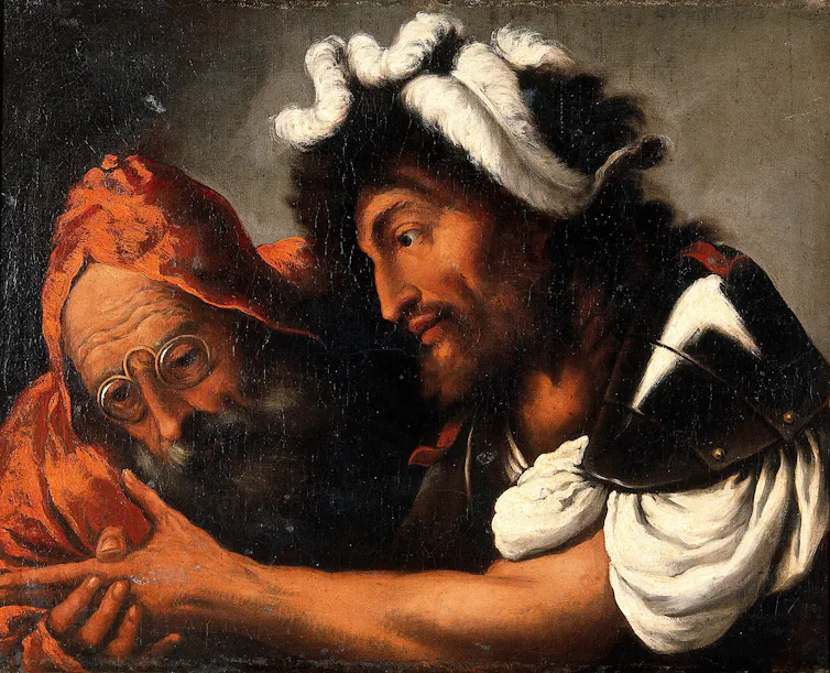 A fortune teller reading the palm of a soldier.