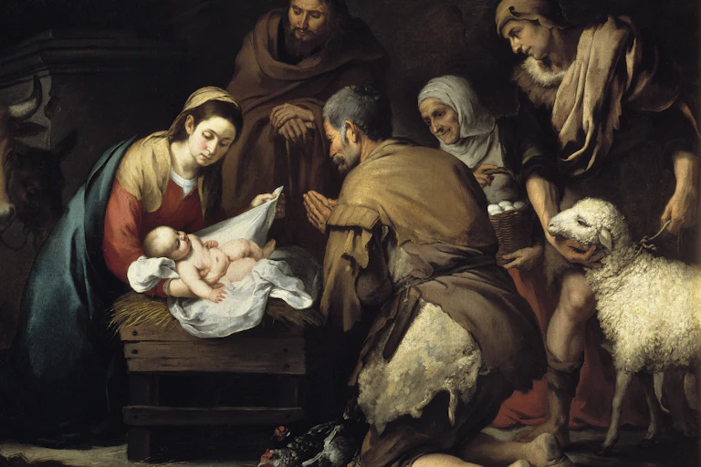 Reprodução de quadro retratando pastores adorando Jesus recém-nascido