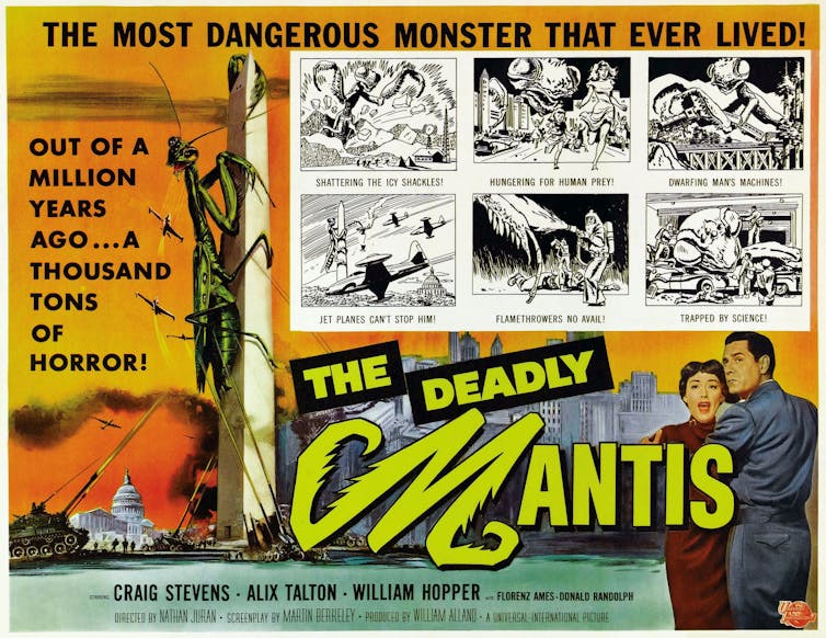 A movie poster with a giant mantis climbing the Washington Monument and people looking frightened.