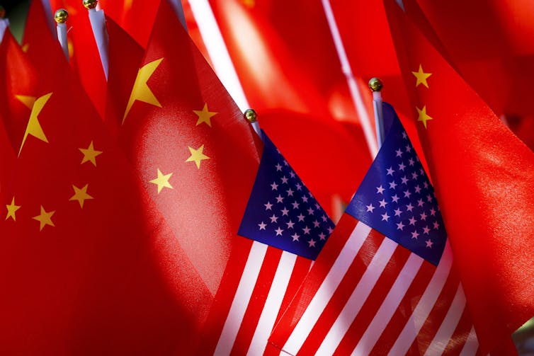 Chinese and American flags.